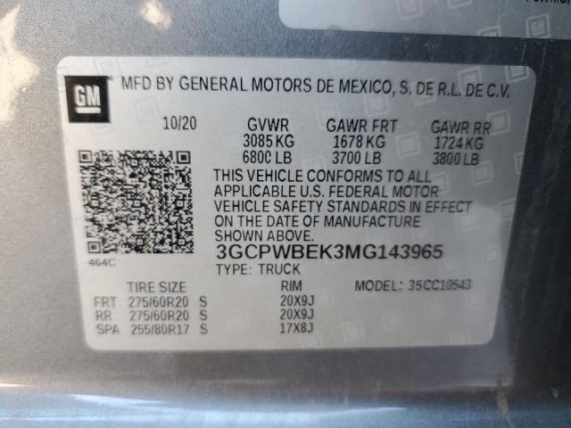 3GCPWBEK3MG143965 - 2021 CHEVROLET SILVERADO C1500 CUSTOM GRAY photo 12