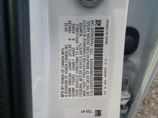 2HGFE2F58NH605978 - 2022 HONDA CIVIC SPORT WHITE photo 13