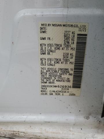 1N6ED1EK5NN626936 - 2022 NISSAN FRONTIER S WHITE photo 12