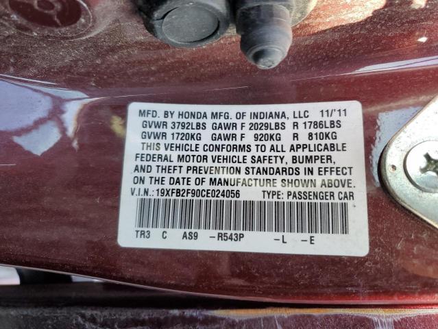 19XFB2F90CE024056 - 2012 HONDA CIVIC EXL Bordo foto 12