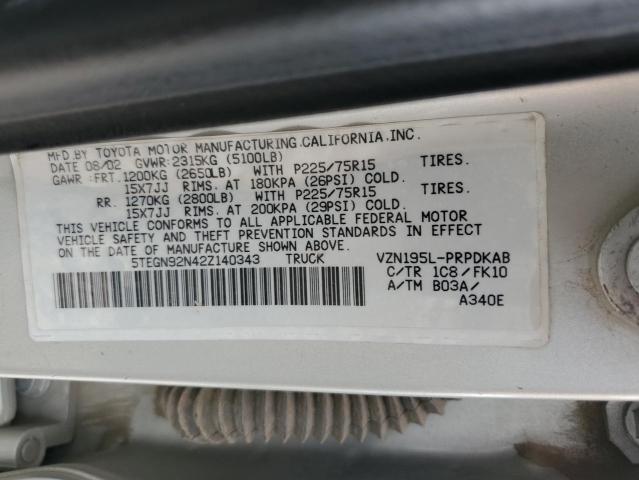 5TEGN92N42Z140343 - 2002 TOYOTA TACOMA DOUBLE CAB PRERUNNER SILVER photo 12