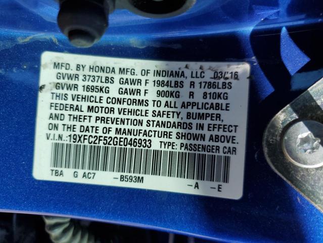 19XFC2F52GE046933 - 2016 HONDA CIVIC LX BLUE photo 12