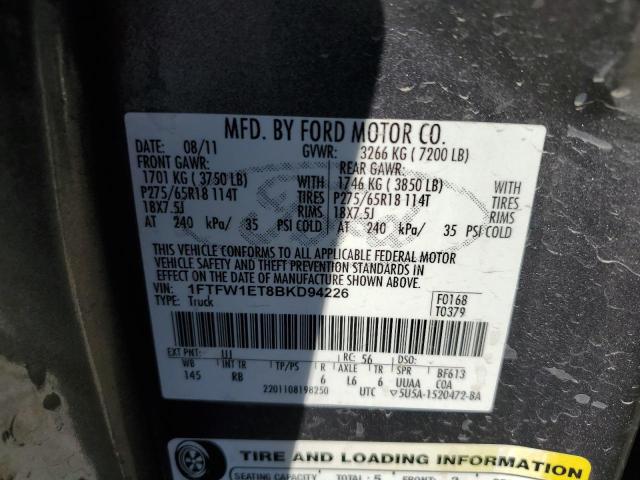 1FTFW1ET8BKD94226 - 2011 FORD F150 SUPERCREW GRAY photo 12