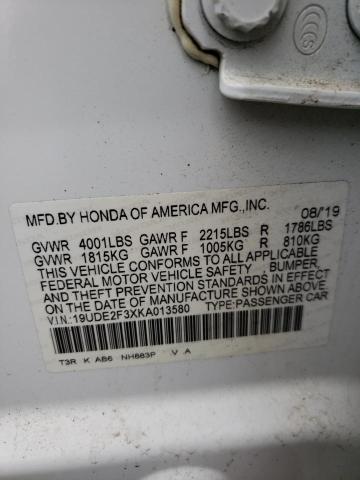 19UDE2F3XKA013580 - 2019 ACURA ILX WHITE photo 10