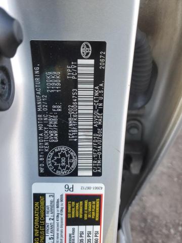 4T1BF1FK6CU064753 - 2012 TOYOTA CAMRY BASE SILVER photo 12
