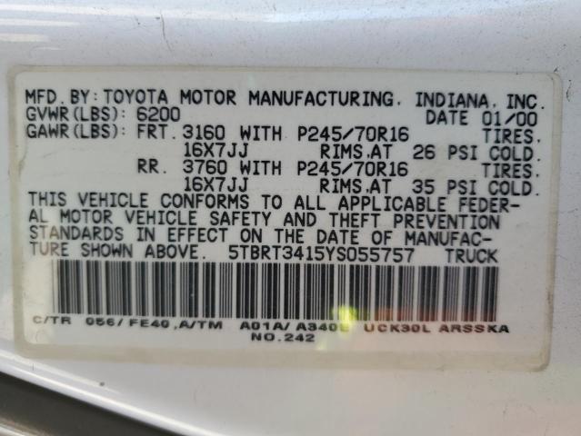 5TBRT3415YS055757 - 2000 TOYOTA TUNDRA ACCESS CAB Blanc photo 12