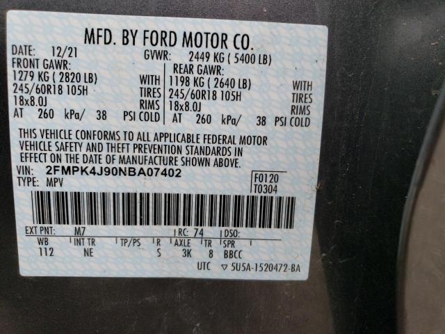 2FMPK4J90NBA07402 - 2022 FORD EDGE SEL CHARCOAL photo 12