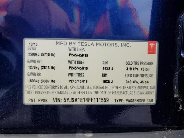 5YJSA1E14FF111559 - 2015 TESLA MODEL S ლურჯი ფოტო 12
