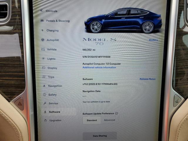 5YJSA1E14FF111559 - 2015 TESLA MODEL S ლურჯი ფოტო 9