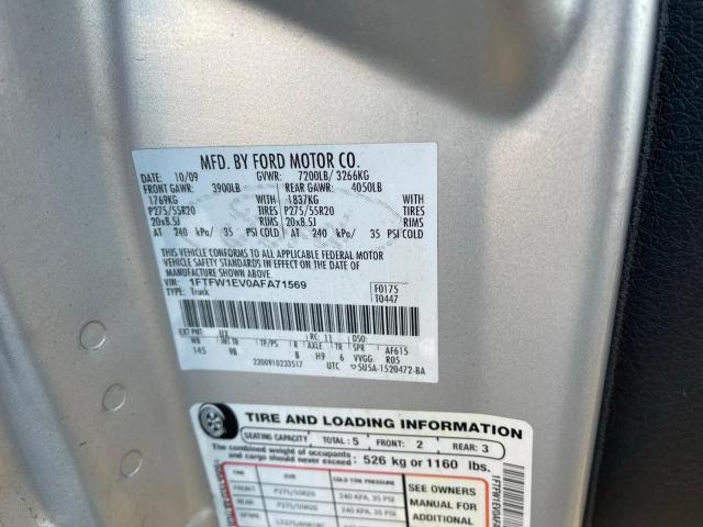 1FTFW1EV0AFA71569 - 2010 FORD F150 SUPER GRAY photo 10