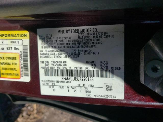 3FA6P0LU5JR220133 - 2018 FORD FUSION SE HYBRID MAROON photo 12