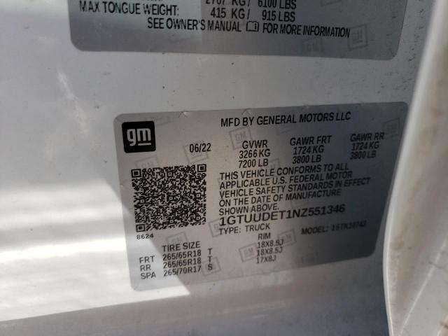 1GTUUDET1NZ551346 - 2022 GMC SIERRA K1500 SLT WHITE photo 12