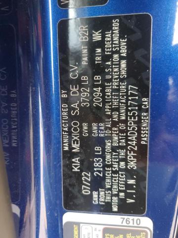 3KPF24AD5PE517177 - 2023 KIA FORTE LX BLUE photo 12