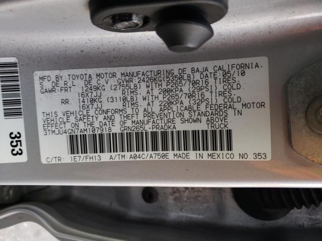 3TMJU4GN7AM107918 - 2010 TOYOTA TACOMA DOUBLE CAB PRERUNNER SILVER photo 12