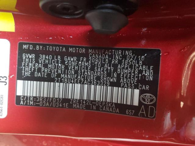 2T1BU4EE7AC363329 - 2010 TOYOTA COROLLA BASE RED photo 12