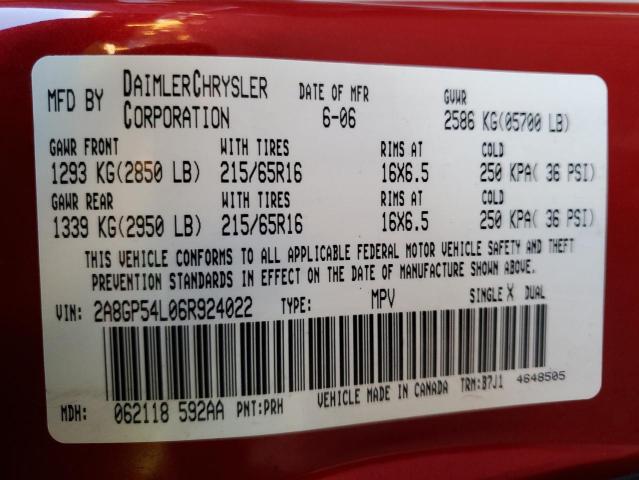 2A8GP54L06R924022 - 2006 CHRYSLER TOWN & COU TOURING 勃艮第红 照片 13