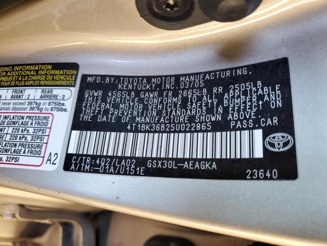 4T1BK36B25U022865 - 2005 TOYOTA AVALON XL TAN photo 12