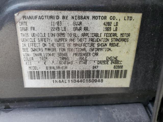 1N4AL11D44C150948 - 2004 NISSAN ALTIMA BASE CHARCOAL photo 12