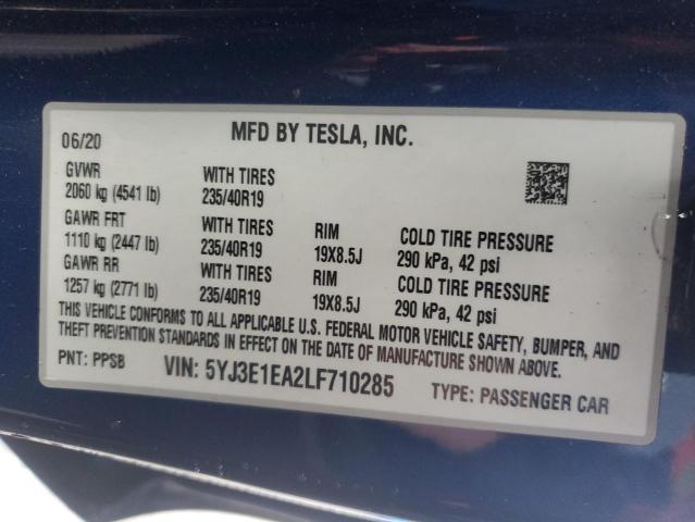 5YJ3E1EA2LF710285 - 2020 TESLA MODEL 3 BLUE photo 12