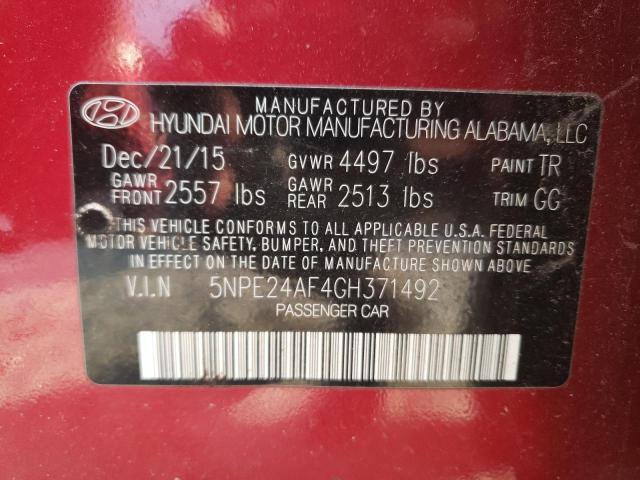 5NPE24AF4GH371492 - 2016 HYUNDAI SONATA SE RED photo 12