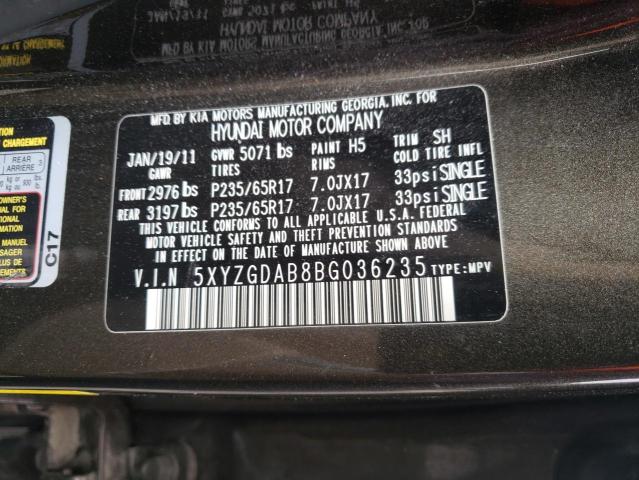 5XYZGDAB8BG036235 - 2011 HYUNDAI SANTA FE GLS GRAY photo 10