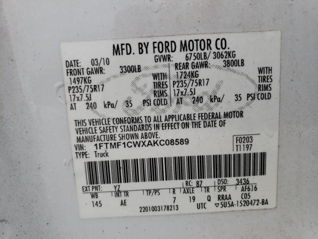 1FTMF1CWXAKC08589 - 2010 FORD F150 WHITE photo 12