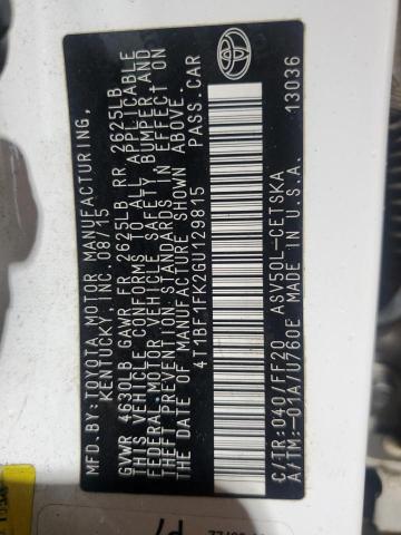 4T1BF1FK2GU129815 - 2016 TOYOTA CAMRY LE WHITE photo 12