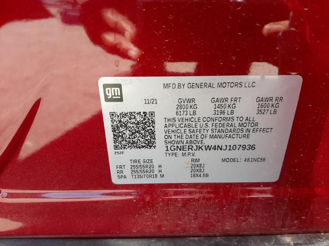 1GNERJKW4NJ107936 - 2022 CHEVROLET TRAVERSE RS RED photo 13