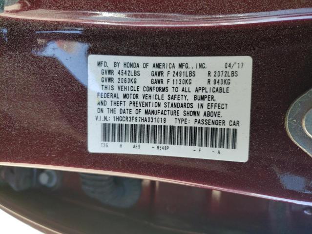 1HGCR3F97HA031019 - 2017 HONDA ACCORD TOURING BURGUNDY photo 12