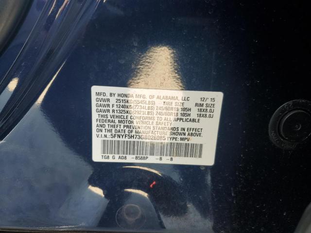 5FNYF5H73GB026085 - 2016 HONDA PILOT EXLN BLUE photo 13