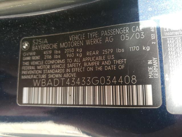 WBADT43433G034408 - 2003 BMW 525 I AUTOMATIC BLUE photo 12