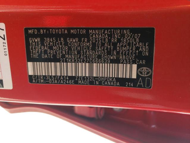 2T1KR32E27C666639 - 2007 TOYOTA COROLLA MA XR RED photo 13
