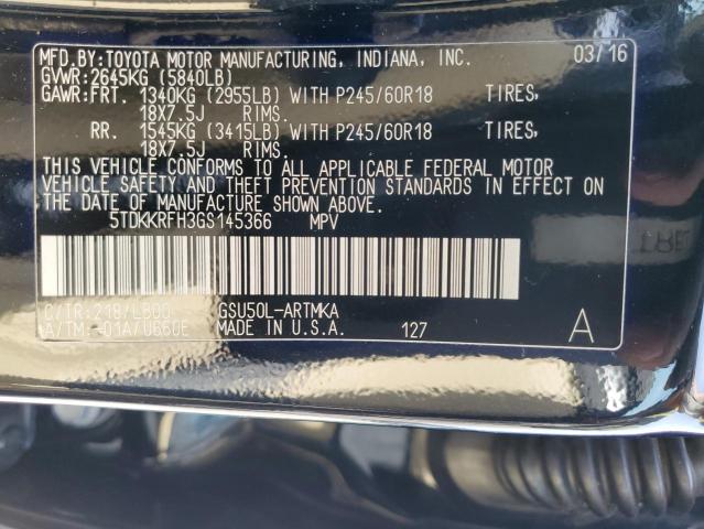 5TDKKRFH3GS145366 - 2016 TOYOTA HIGHLANDER XLE BLACK photo 13