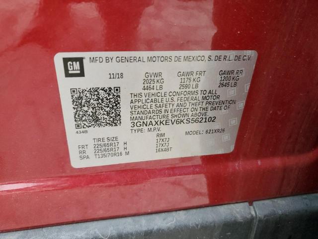 3GNAXKEV6KS562102 - 2019 CHEVROLET EQUINOX LT 红色 照片 14