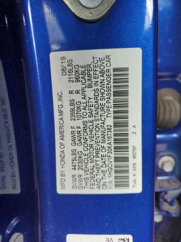 1HGCV1F30KA167382 - 2019 HONDA ACCORD SPORT BLUE photo 12