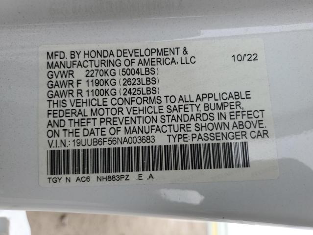 19UUB6F56NA003683 - 2022 ACURA TLX TECH A WHITE photo 12