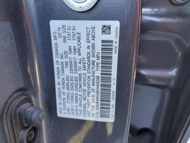 2HKRW5H36KH409398 - 2019 HONDA CR-V LX GRAY photo 12