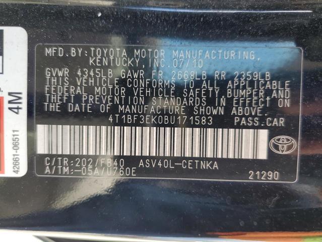 4T1BF3EK0BU171583 - 2011 TOYOTA CAMRY BASE BLACK photo 12