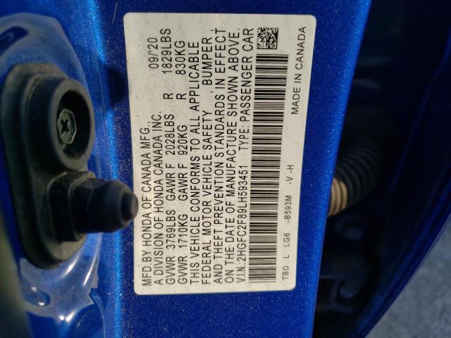 2HGFC2F89LH593451 - 2020 HONDA CIVIC SPORT 蓝色 照片 13