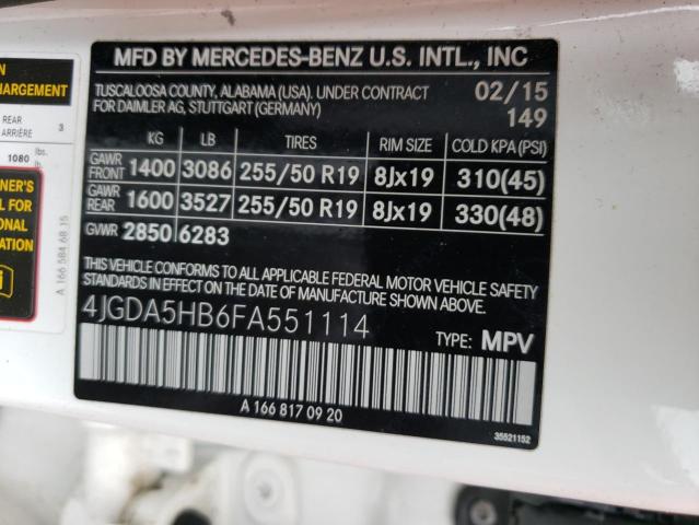 4JGDA5HB6FA551114 - 2015 MERCEDES-BENZ ML 350 4MATIC WHITE photo 13