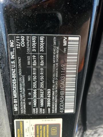 4JGDA5HB1CA031169 - 2012 MERCEDES-BENZ ML 350 4MATIC BLACK photo 13