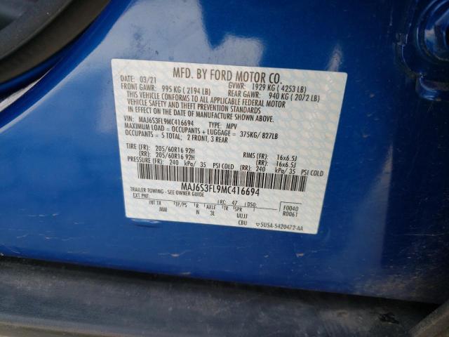 MAJ6S3FL9MC416694 - 2021 FORD ECOSPORT S BLUE photo 12