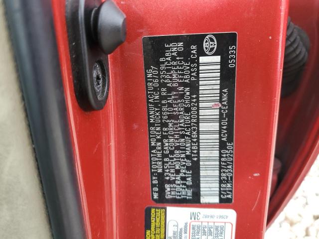 4T4BE46K37R006244 - 2007 TOYOTA CAMRY CE RED photo 13