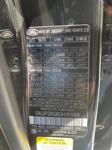 SALVP2BG6GH161058 - 2016 LAND ROVER RANGE ROVE SE BLACK photo 10