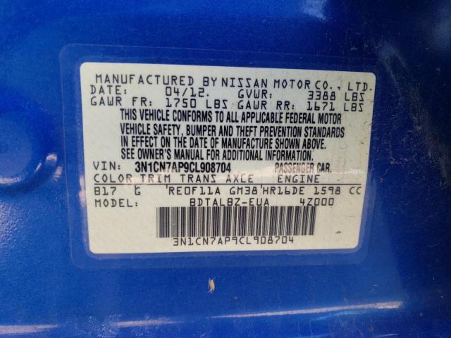 3N1CN7AP9CL908704 - 2012 NISSAN VERSA S BLUE photo 12