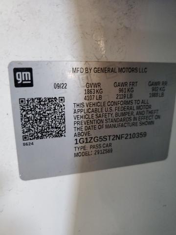 1G1ZG5ST2NF210359 - 2022 CHEVROLET MALIBU RS თეთრი ფოტო 13