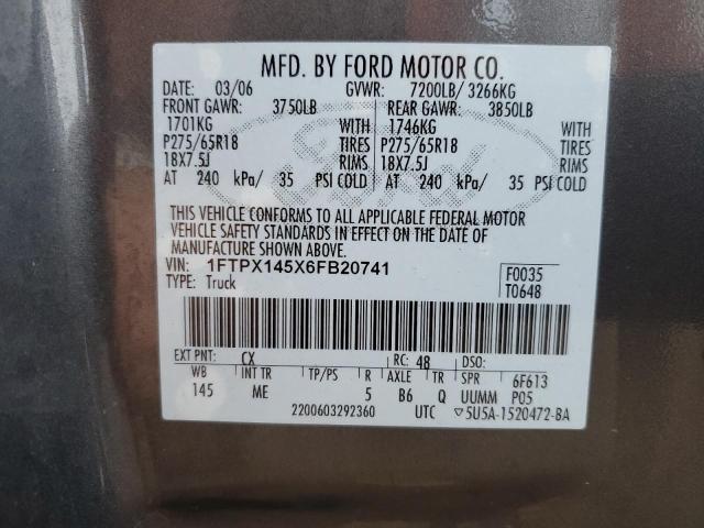 1FTPX145X6FB20741 - 2006 FORD F150 GRAY photo 12