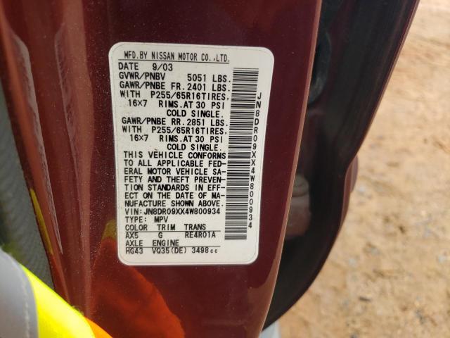JN8DR09XX4W800934 - 2004 NISSAN PATHFINDER LE ბურგუნდია ფოტო 13