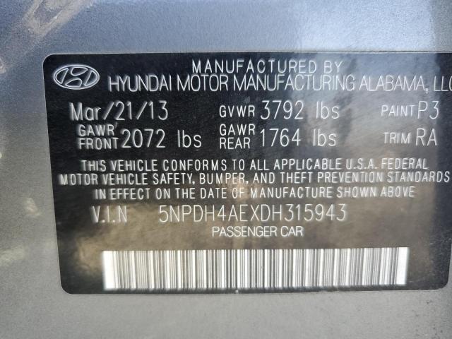 5NPDH4AEXDH315943 - 2013 HYUNDAI ELANTRA GLS GRAY photo 12