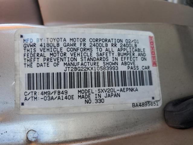 JT2BG22KX10583993 - 2001 TOYOTA CAMRY CE GOLD photo 12